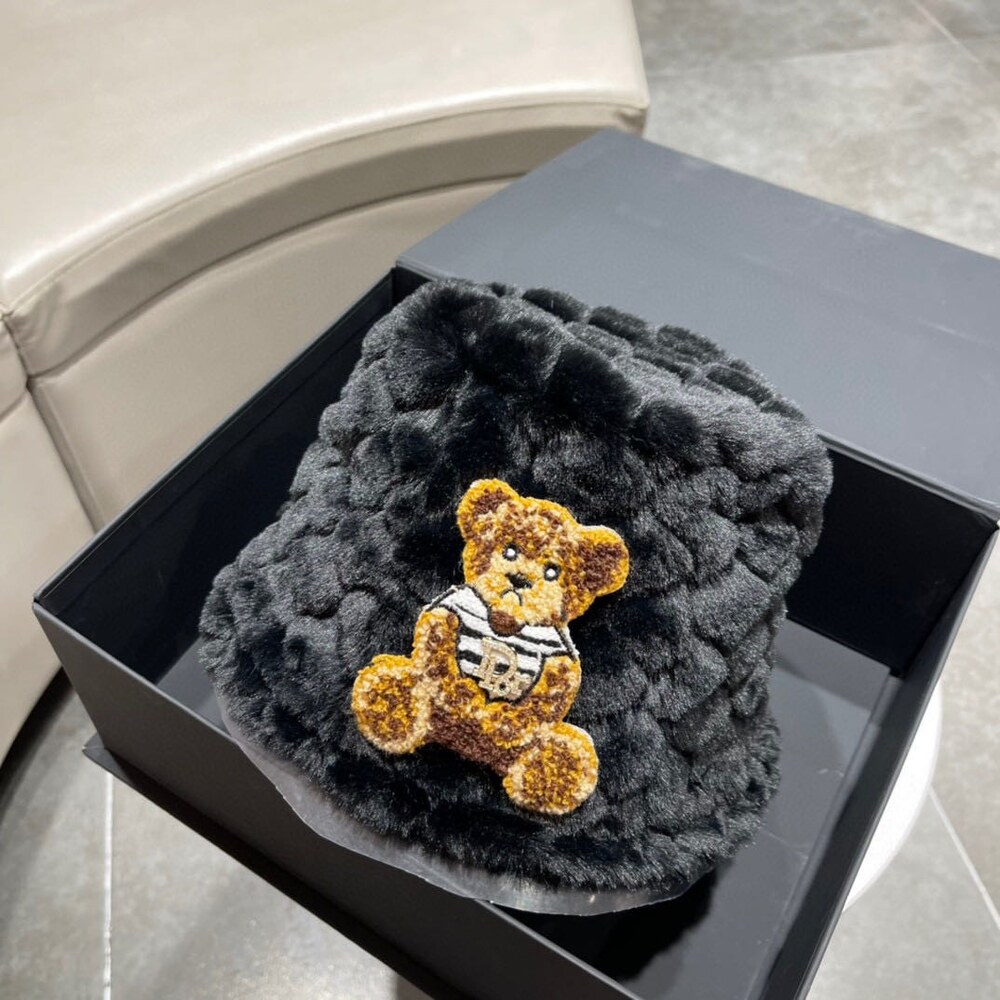 Dior Teddy Bear Embroidered Black Faux Fur Bucket Hat